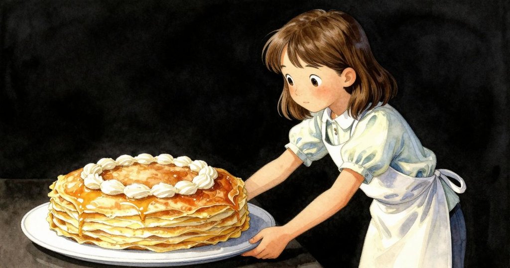 在緊張時刻中，Rhea用刮刀穩住微傾的薄餅塔，奶油環清晰可見，畫面透露決心與關鍵瞬間。