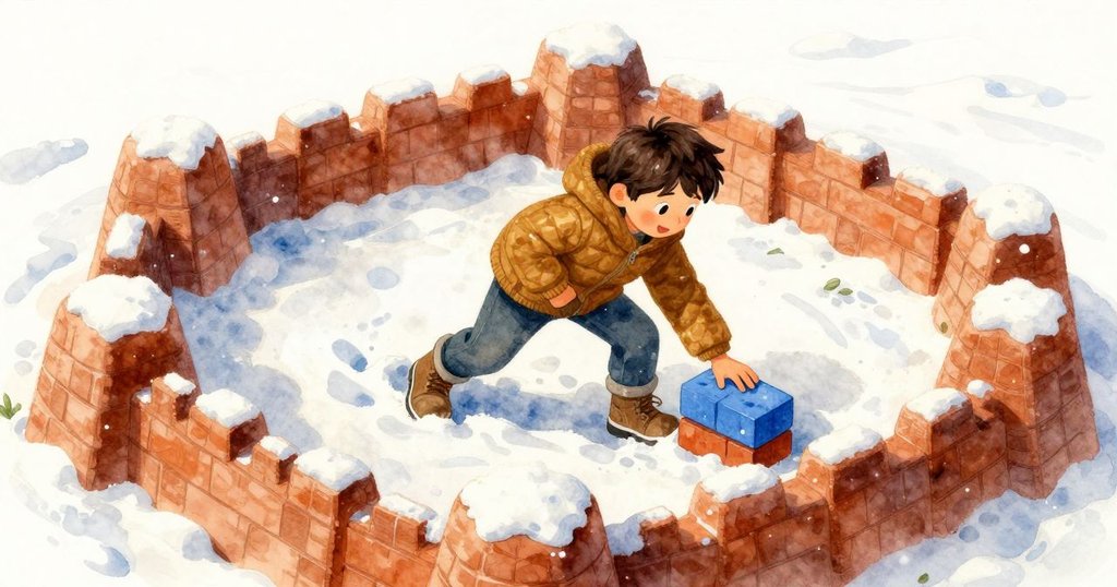 朱德森在雪地中翻轉藍磚,麻雀滑過磚頂,從高空俯瞰整個雪地堡壘,充滿活力與專注