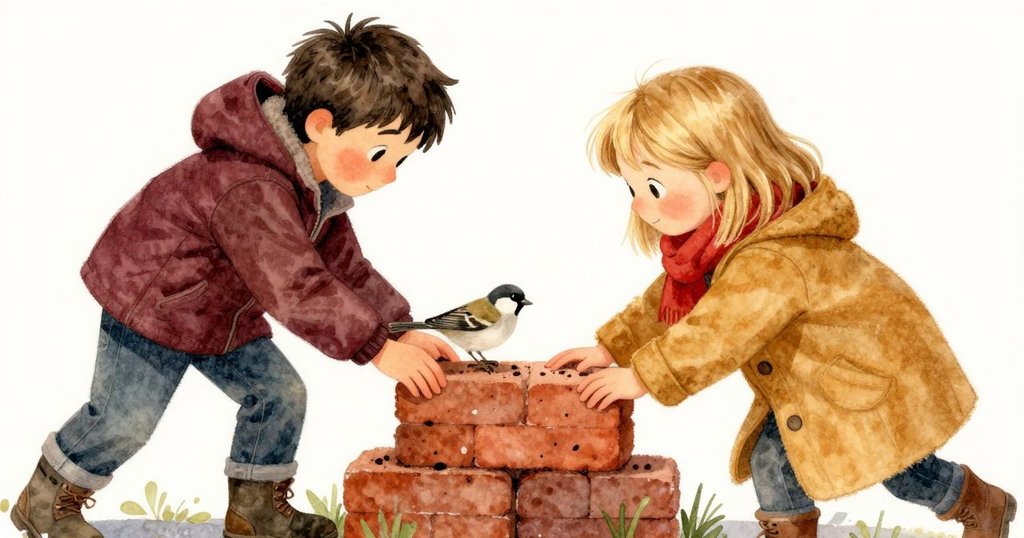 朱德森小心調整磚塊,磚面有細小凹痕,麻雀在旁啄食種子,展現人與自然巧妙對比