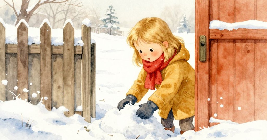 艾塔在圍欄旁用力打實新雪,透過窄縫觀看她認真工作的情景,流露堅定與溫暖情感