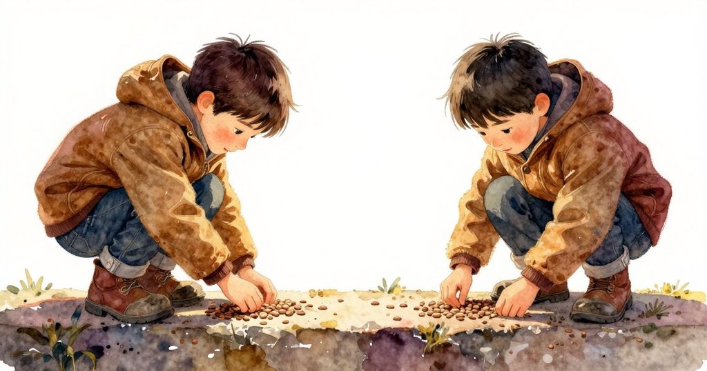 朱德森蹲在磚牆邊,專注修補台階,同時注視麻雀啄食,現實與夢幻交織,充滿溫暖情懷