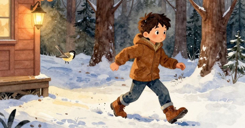 朱德森快步穿越磚道,靴印清晰顯現,麻雀衝向門廊燈光,展現冬日急促與活力