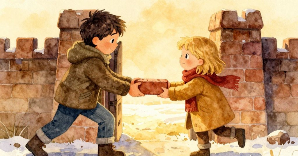 朱德森小心放置備用磚作台階,艾塔溫柔微笑旁觀,麻雀靜靜陪伴,場景溫暖而解決,充滿感恩與留心