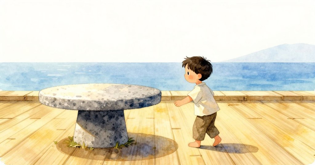 諾蘭在竹簾下走向花崗岩桌，晨光溫暖灑落，散落樹葉襯托出期待新晨的情境。