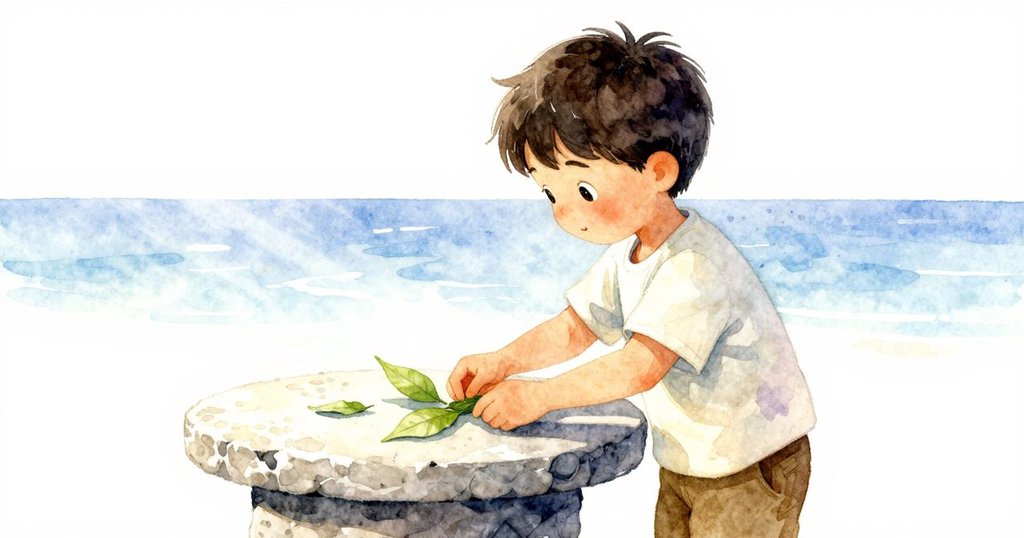 諾蘭在花崗岩桌上仔細放置新鮮樹葉，柔和光線下展現層次與紋理，神情專注充滿期待。