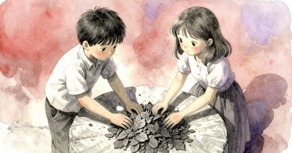 從上方俯瞰，諾蘭加入第三堆樹葉，瓦韋莉靜靜注視，光影交錯中展現專注動作。