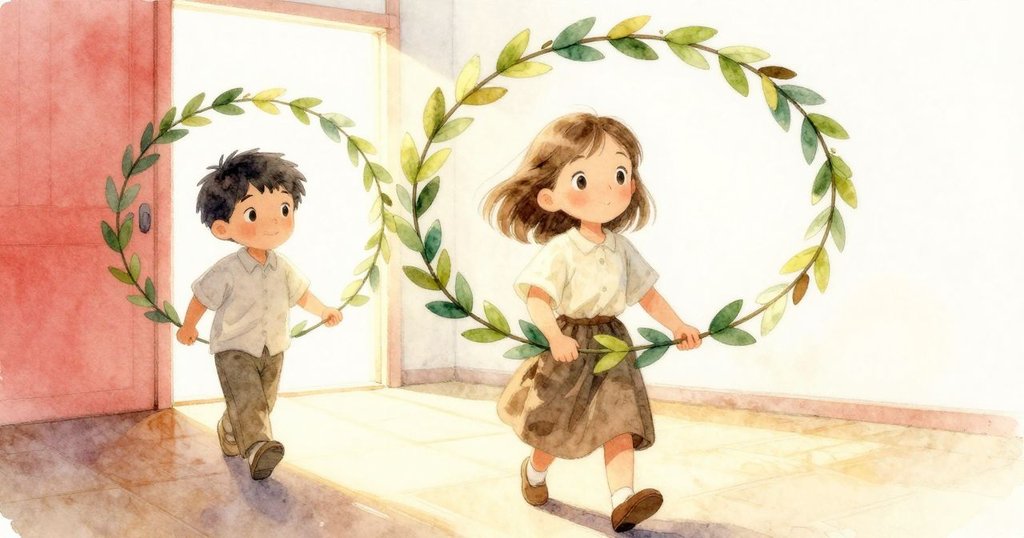 諾蘭與瓦韋莉攜帶整理好的樹葉環向下移動，窗外柔和日光照亮遺留葉帶，畫面傳遞出旅程新起點的溫暖情懷。