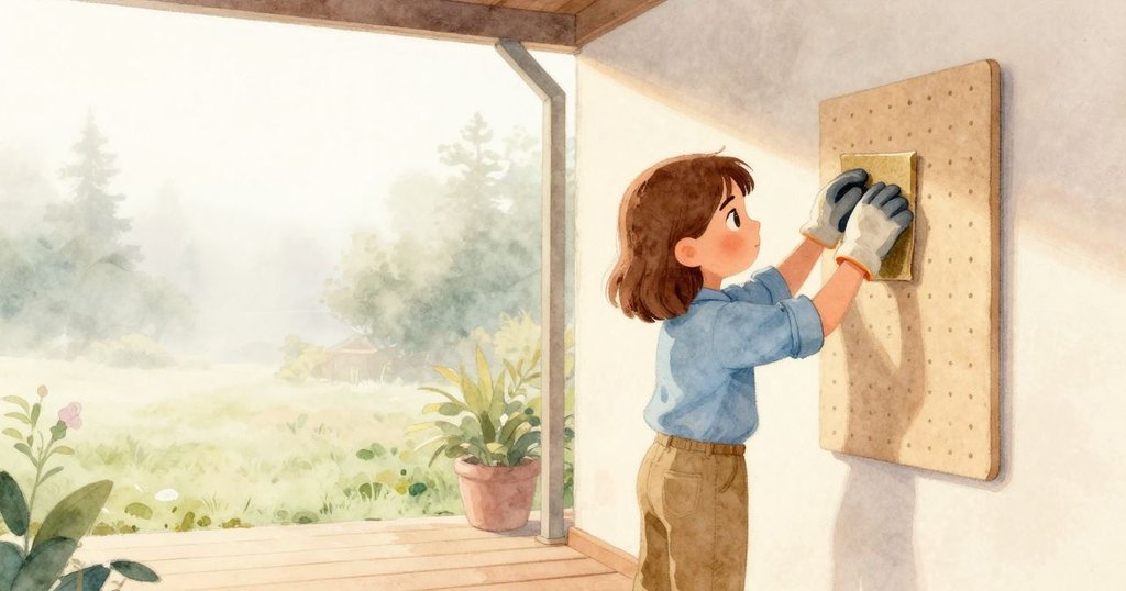 Tamsin在露台上重新掛回砂紙條，溫暖晨霧中，室外輕柔光線映照，旁有慵懶虎斑貓，開啟工作旅程。