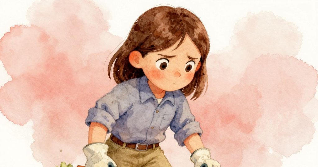 Tamsin正凝視手中工具，表情集中帶些遺憾，背景淡化物品暗示工作進程，情緒細膩。