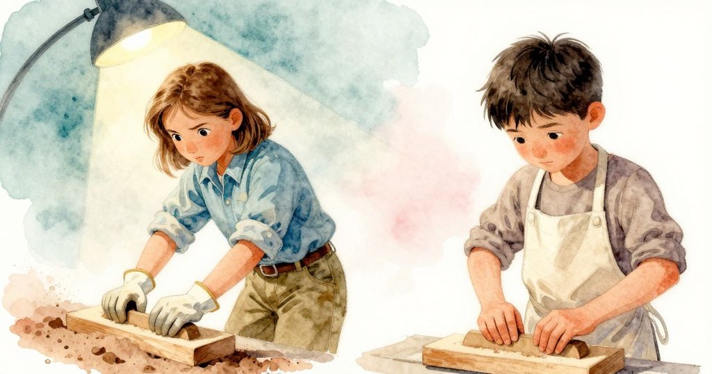 手持砂塊的Tamsin專注操作，鏡頭呈現扭曲視角，粗糙砂痕細節展現動態，藝術化處理。