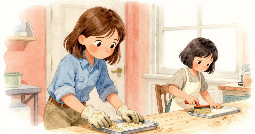 Tamsin在隱蔽角落清掃工作台，Sian遠處調整桌面，細膩光影中展現勤奮與溫馨工作環境。