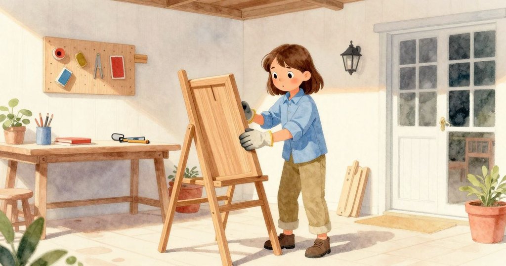 Tamsin展現完成作品於烘乾架上，整個露台場景和諧，砂紙整齊歸位，現場洋溢溫暖與滿足感。