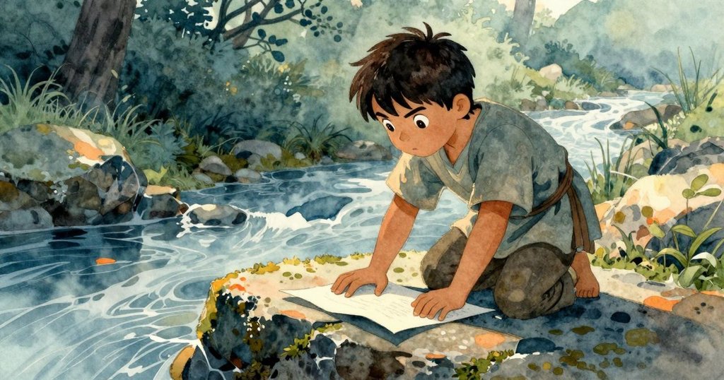 Viggo 正在石瀑前壓平紙張, 充滿決心, 踏入冒險之門, 旁邊有流水和綠苔點綴