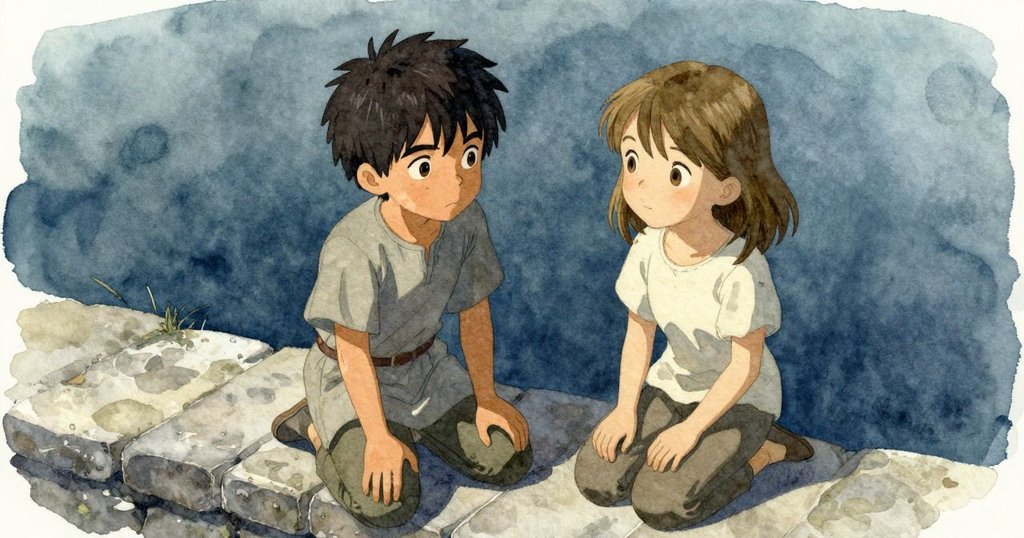 穩重互助的Viggo和Mae在石階上跪坐, 高角度俯視展現細膩感情, 小船待啟航