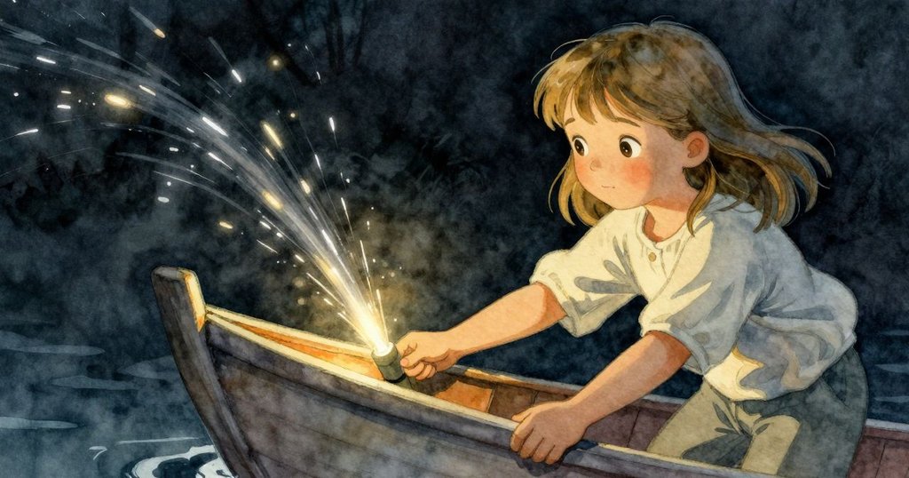 緊張瞬間, Mae專注穩船首, 水流牽動船身, LED光芒在指間旋轉, 呈現即將變化的一刻