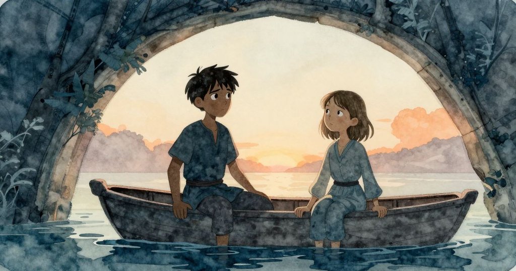 船隻滑行於自然拱門下, Viggo與Mae臉上露出寧靜欣慰, 結束一段冒險旅程, 環境圓融連貫