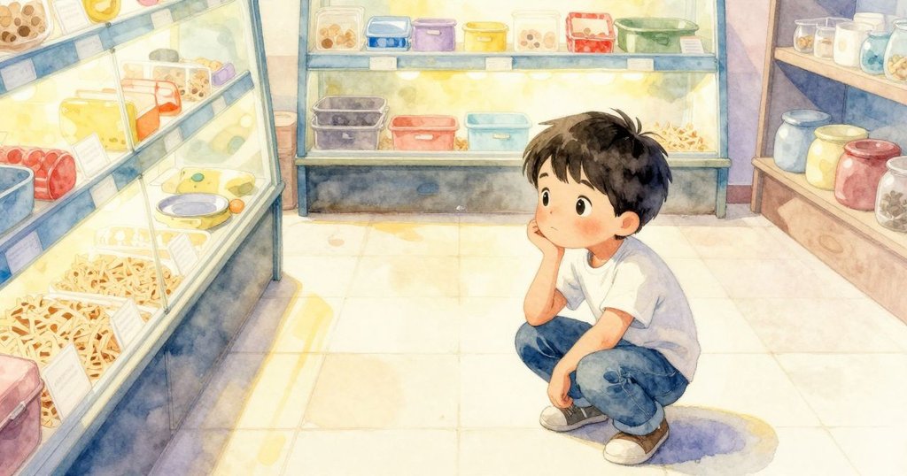 奧斯溫蹲在寵物店櫃台附近，從鳥瞰角度看見閃爍燈光與散落木屑，場景明亮溫馨，開啟故事旅程