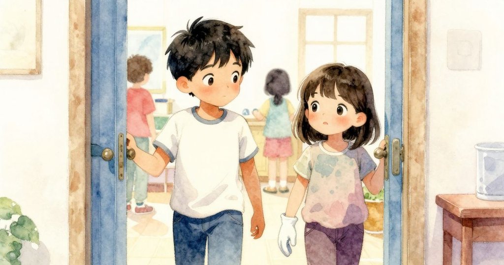 奧斯溫與塔莉亞攜手走入動物互動區，背景職員與遊客互動，層次豐富，故事逐步展開