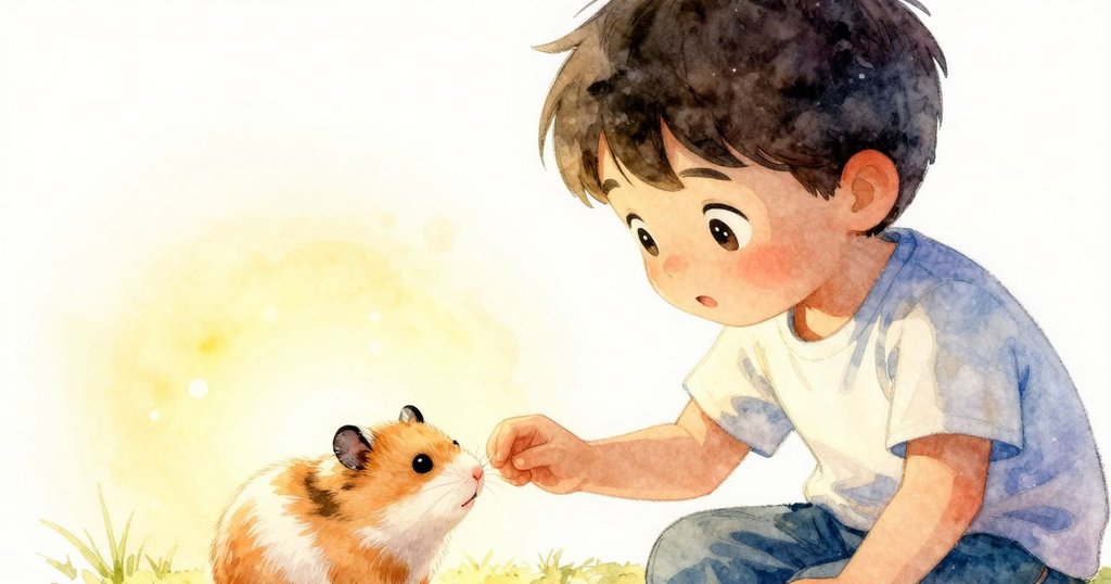 在溫暖燈光沐浴的展示區，奧斯溫輕觸倉鼠柔軟側身，場景寧靜溫馨，故事圓滿收束