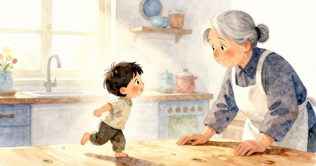 阿莫斯踏入明亮廚房，用手輕觸粗糙桌面，祖母在後景溫柔操作爐火，晨光柔和且充滿期待