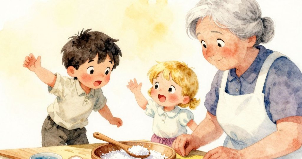 阿莫斯的手輕觸具滴水痕跡的木匙與粗糙桌面，細膩質感與糖晶豐富呈現，溫暖光線中細節清晰