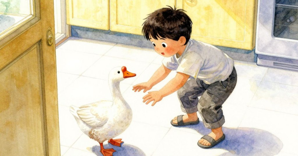 阿莫斯彎腰於門口輕推家鵝，鵝步伐昂首在瓷磚廚房中穿梭，視角俯瞰展現熱鬧互動