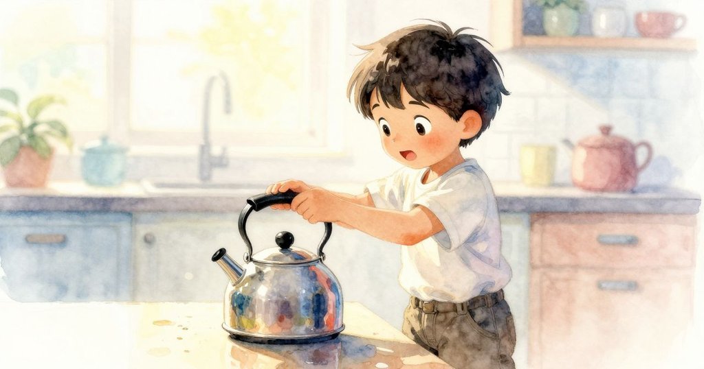 阿莫斯靜立於廚房，手觸溫暖壺柄，回憶中涼意消逝，畫面柔化呈現溫馨懷舊情緒