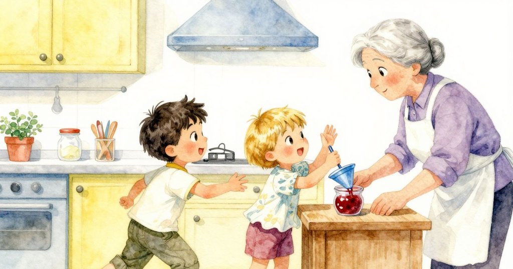 阿莫斯、佐拉和祖母於廚房間協作，阿莫斯扶穩漏斗，佐拉舀紅果醬，現場氣氛熱烈且協調