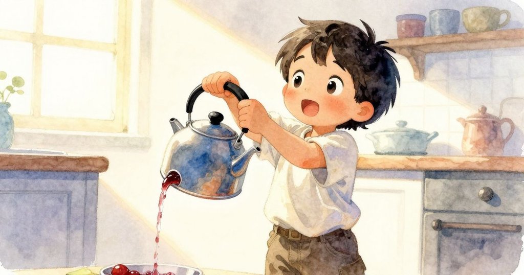 阿莫斯握著溫暖壺柄，果醬緩流中望向前方，準備填滿玻璃罐，廚房充滿希望與新起點