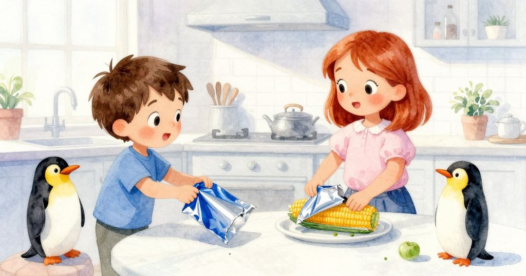 阿莫斯輕觸藍灰色鋁箔, 克莉歐纏繞玉米, 廚房準備台旁塑料企鵝默看, 氣氛溫馨且充滿好奇心