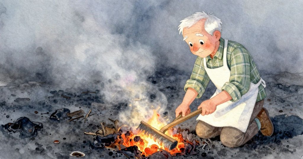 爺爺專注掃去發光餘燼, 塑料企鵝守望一旁, 廚房準備台旁散落空曠區域, 氛圍冷冽中透著溫柔