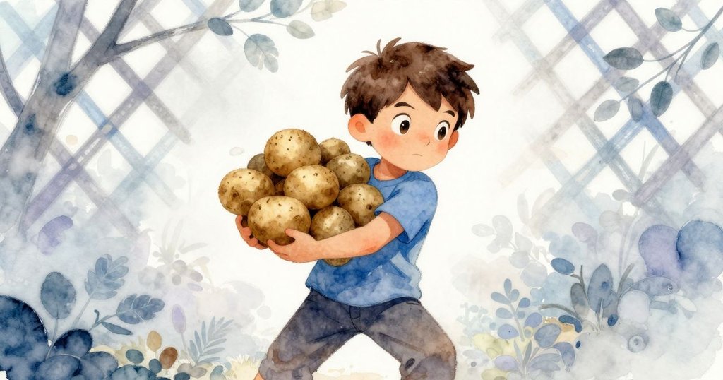 阿莫斯低角度自信搬運馬鈴薯, 臉上堅定, 輕推馬鈴薯置於蒼白葉架上, 氣氛柔和充滿希望
