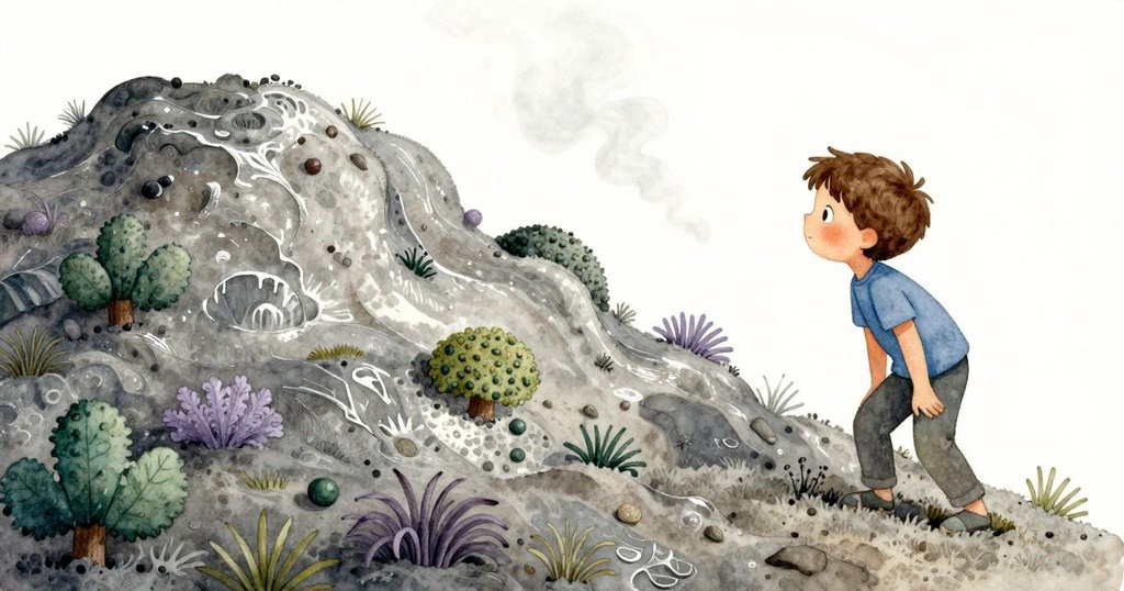 阿莫斯靜觀重疊土堆, 如陶土般層疊抽象, 細緻蒸氣穿梭交錯, 氣氛充滿神秘與超現實感