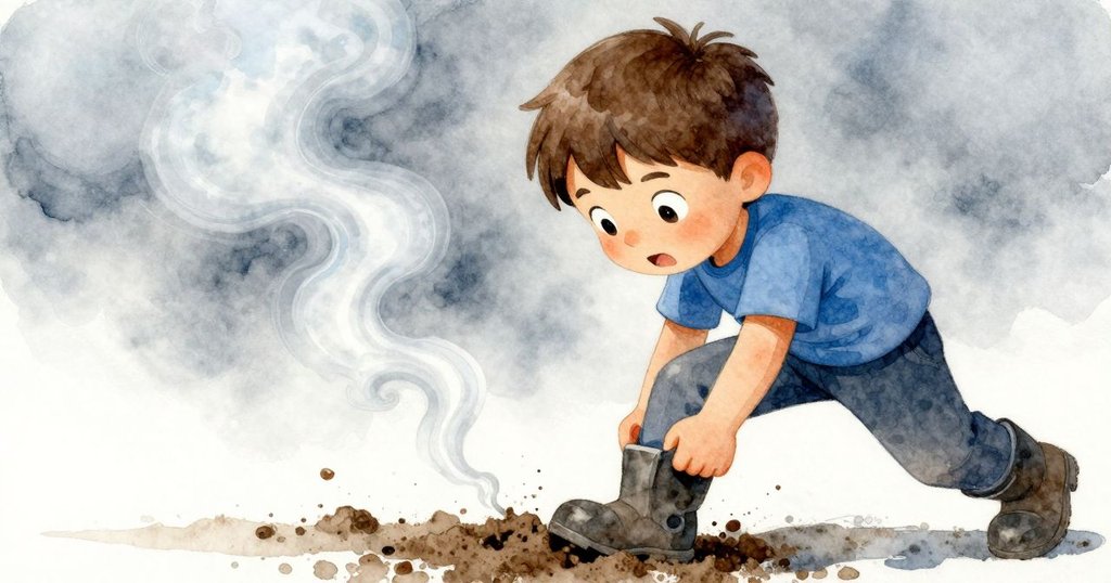 阿莫斯神情專注, 輕推移動土塊, 彎曲煙霧緩緩升起, 呈現內心掙扎與瞬間緊張情緒