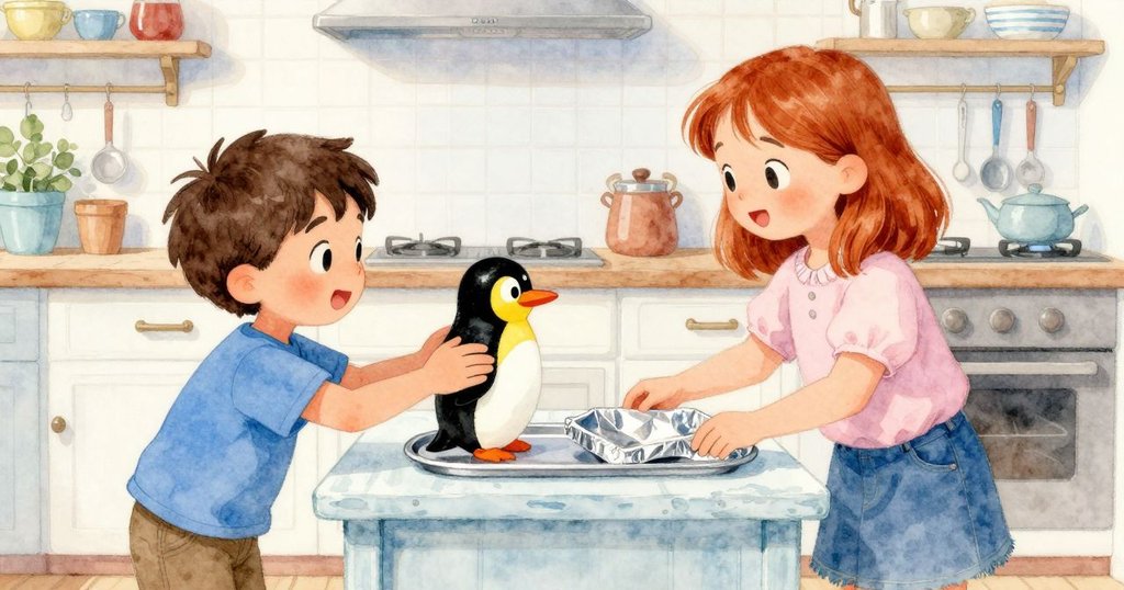 阿莫斯輕觸塑料企鵝, 克莉歐在鄉村廚房中整理鋁箔, 氣氛溫暖祥和, 展現靜謐交流與和諧結局