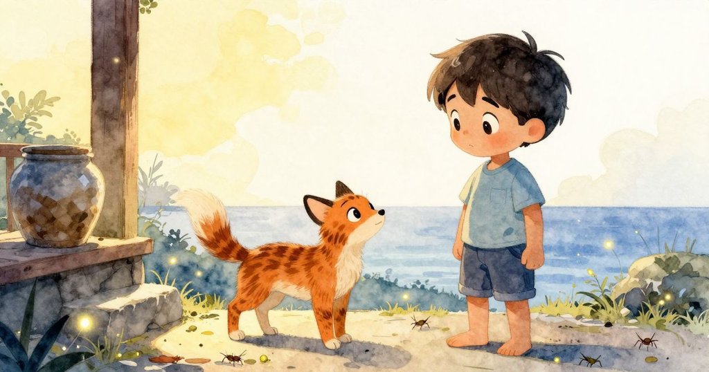 Remy站在溫暖門廊邊,手持玻璃罐,Basil在旁,眾多螢火蟲和蟋蟀點綴背景,父母關懷呼喚,氛圍溫馨。