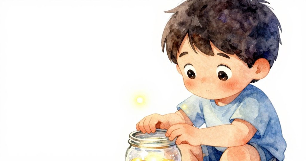 Remy專注表情的特寫,他輕輕舉起玻璃罐,背景中微光閃爍,夜色中流露出驚奇與溫柔感。