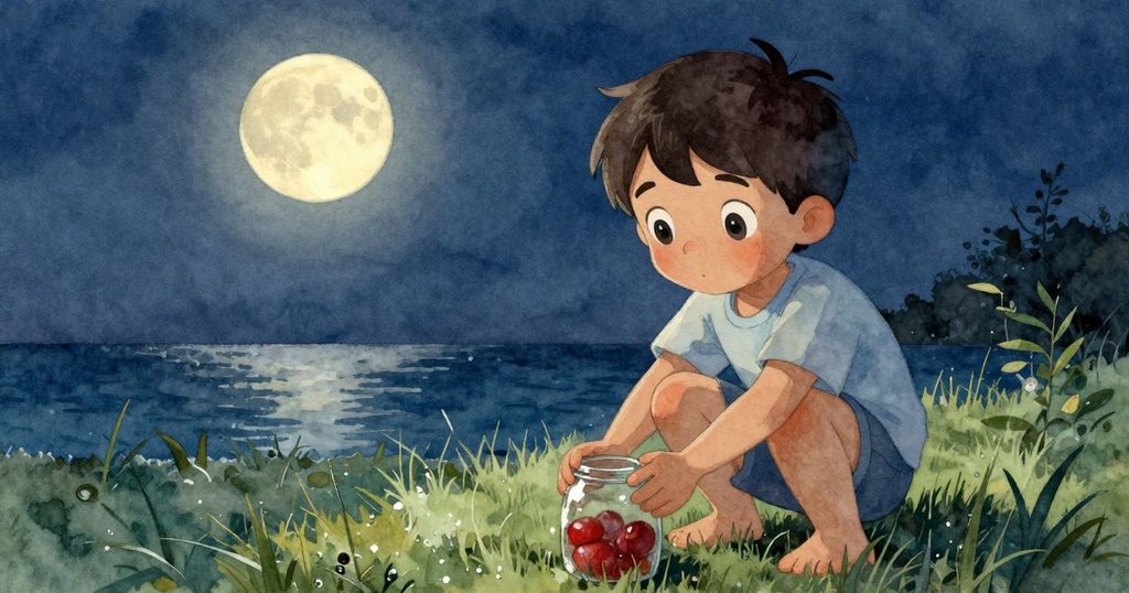 Remy低蹲於露水覆蓋的草地,低角度仰拍顯示他堅定神情,玻璃罐反射出綠意與夜色交織的氛圍。