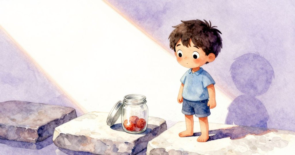 Remy小心將玻璃罐置於台階上,手遮部分開口,蓋子如小門般傾斜,燈光與陰影構成夢幻幾何感。