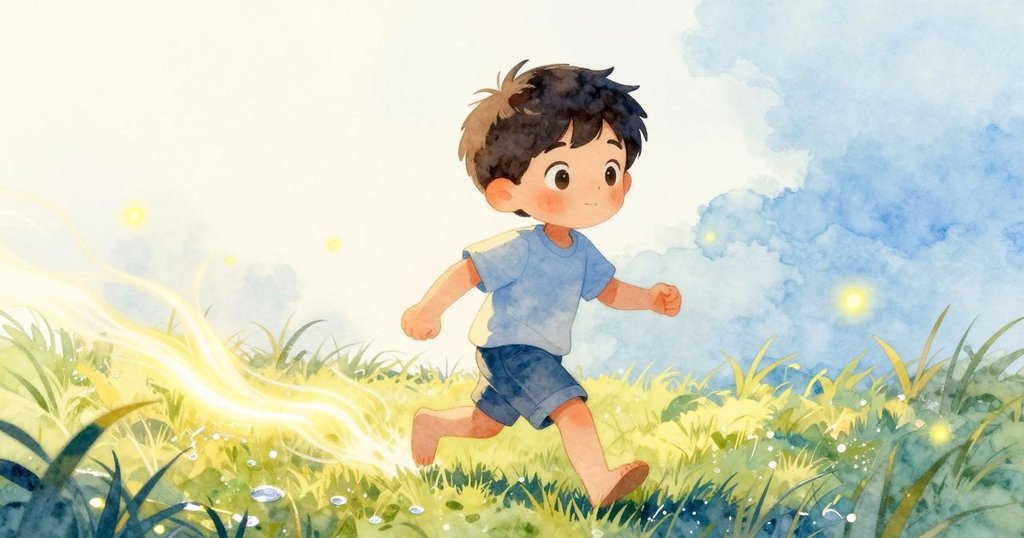 Remy穿越露珠閃爍的草地,動態光軌隨他移動,螢火蟲點綴夜空,流露出柔和前進的詩意與瞬間變化感。