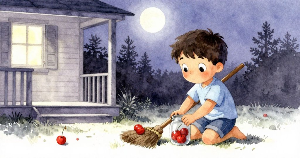 Remy在門廊邊將玻璃罐放下,輕輕鬆開蓋子,螢火蟲漸隱,畫面透露出夜晚溫柔告別與平靜結局。