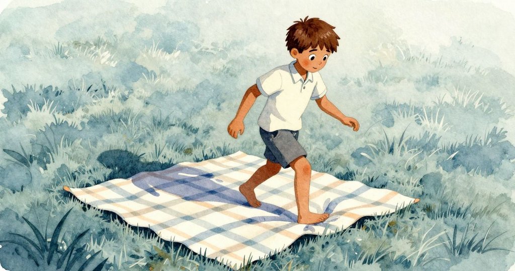 Wade 正踏入野餐區，穿越格子桌布入口，感受陽光與草地的溫暖，神情期待