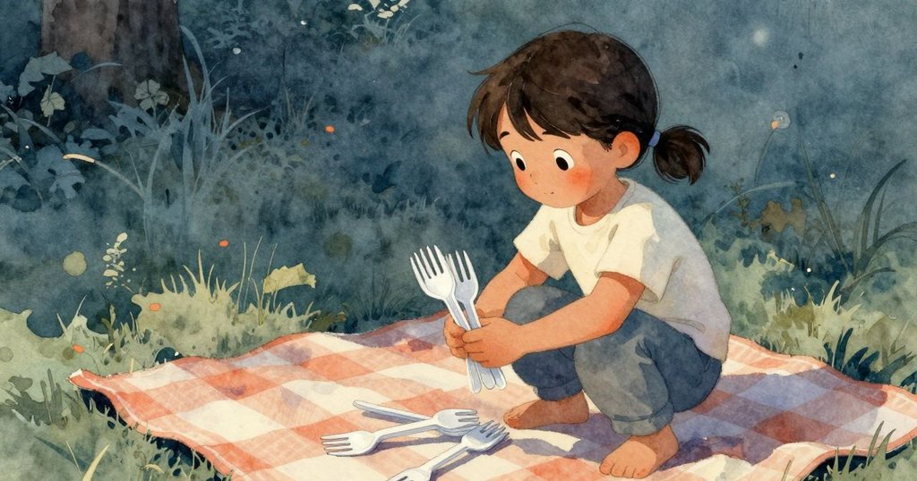 Pia 坐在野餐布中央，專注地整理塑料叉子，周圍空曠平靜，神情認真