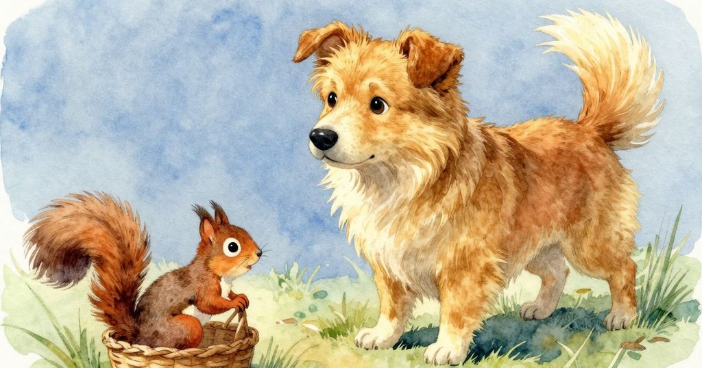 狗 坐在野餐籃旁，專注凝望遠處的小松鼠，細緻的陽光映出溫暖氛圍