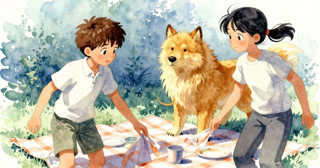 微風撥起格子桌布中央，露出排列如花瓣的盤子和杯子，陽光明媚，展現野餐細節