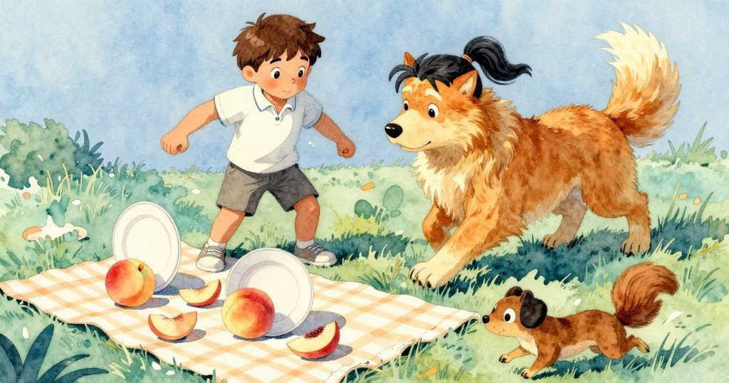 風起之下，盤子滾動，桃片滑落，狗追逐松鼠，野餐現場充滿活力和緊張動感