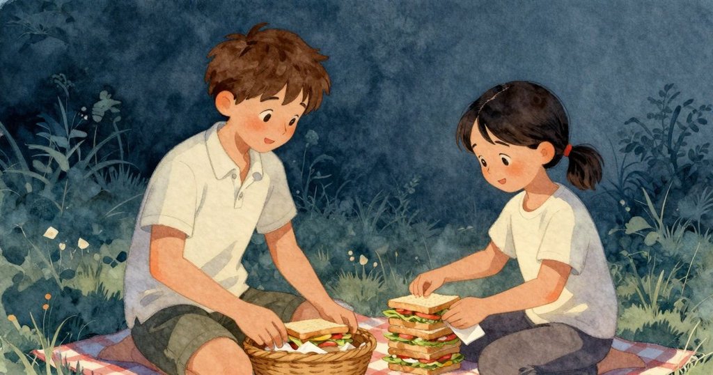 Wade 穩固野餐籃和搭起隔板，Pia 依序擺放三明治，二人合作默契，展現野餐簡單快樂