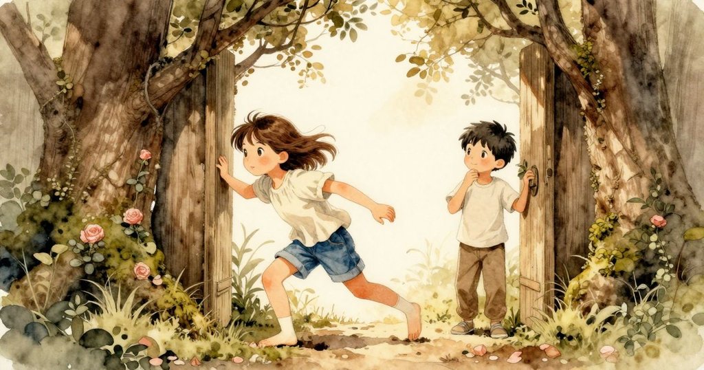 馬倫與班踏入樹蔭交織的入口,馬倫蹲著檢查草地,班握著地圖,洋溢好奇與期待