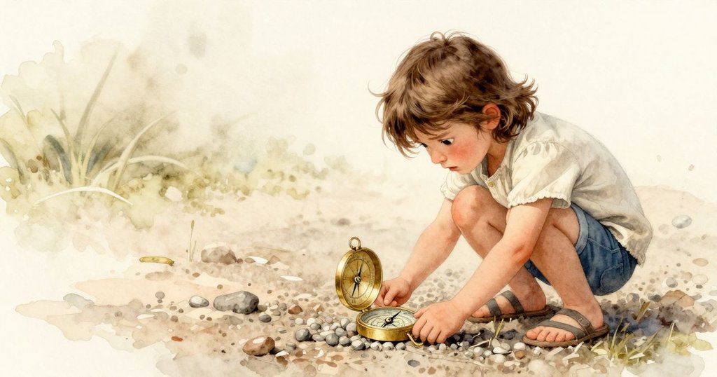 馬倫舉起指南針,注視著空曠的碎石區,神情疑惑,背景留有寬闊的空白感