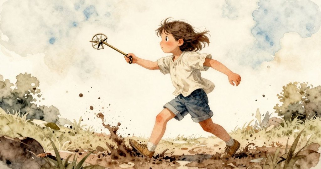 馬倫邁步往西,腳下泥濘飛濺,指南針針尖扭動,畫面扭曲呈現冒險中不確定的氛圍